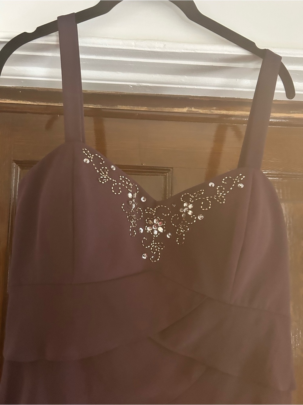 S.L. Fashions Burgundy Evening Dress with Crystal Appliqué